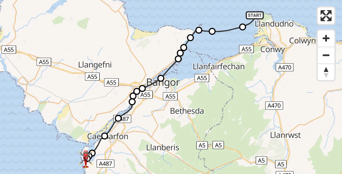 Flight route Air Ambulance Helicopter Llandudno - Caernarfon Airport, 11 July 2026, 13:22