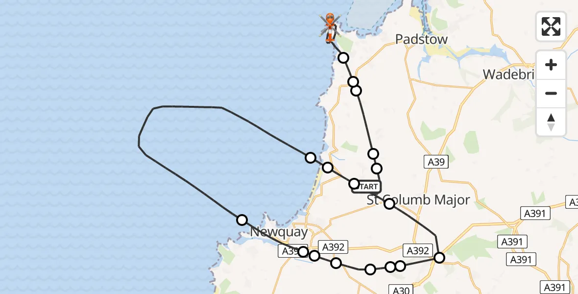 Flight route Coastguard Helicopter Cornwall Airport Newquay - Constantine Bay, 11 July 2026, 13:29