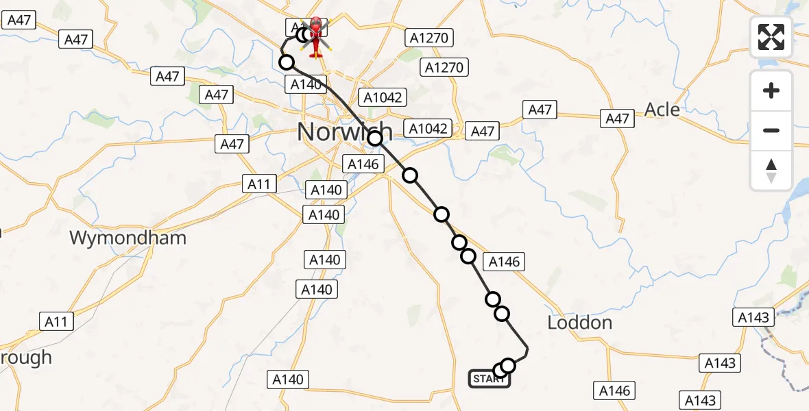 Flight route Air Ambulance Helicopter Seething - Norwich Airport, 11 July 2026, 13:32