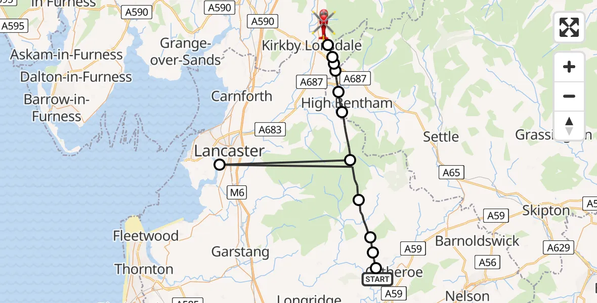 Flight route Air Ambulance Helicopter Great Mitton - Casterton, 11 July 2026, 13:37