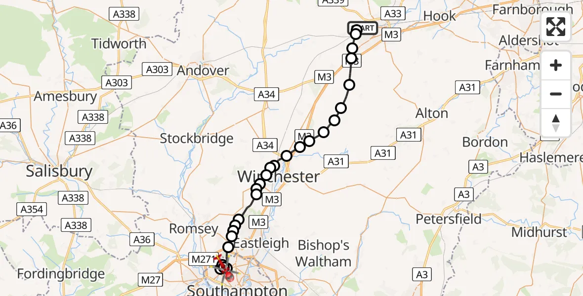 Flight route Air Ambulance Helicopter Basingstoke - University Hospital Southampton, 11 July 2026, 13:39