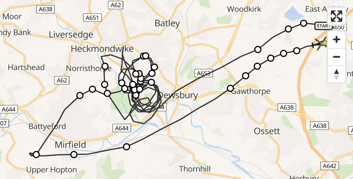 Flight route Police Helicopter East Ardsley - East Ardsley, 11 July 2026, 13:39