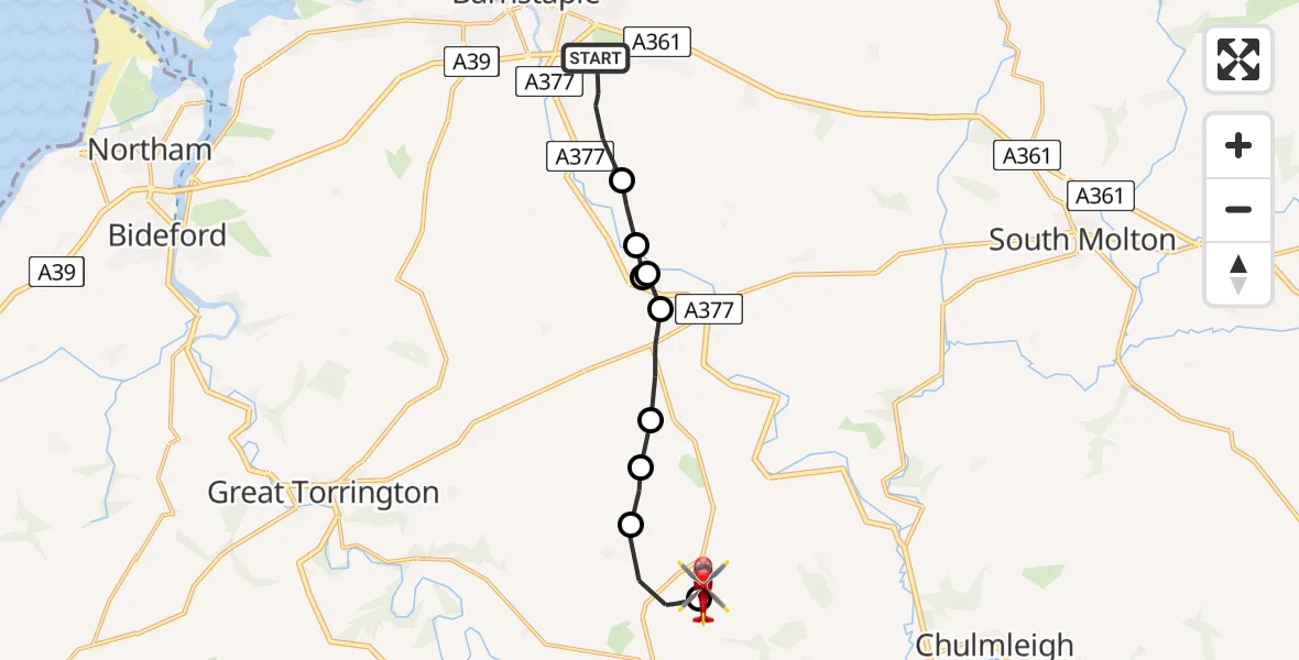 Flight route Air Ambulance Helicopter Bishop's Tawton - North Devon, 11 July 2026, 13:45