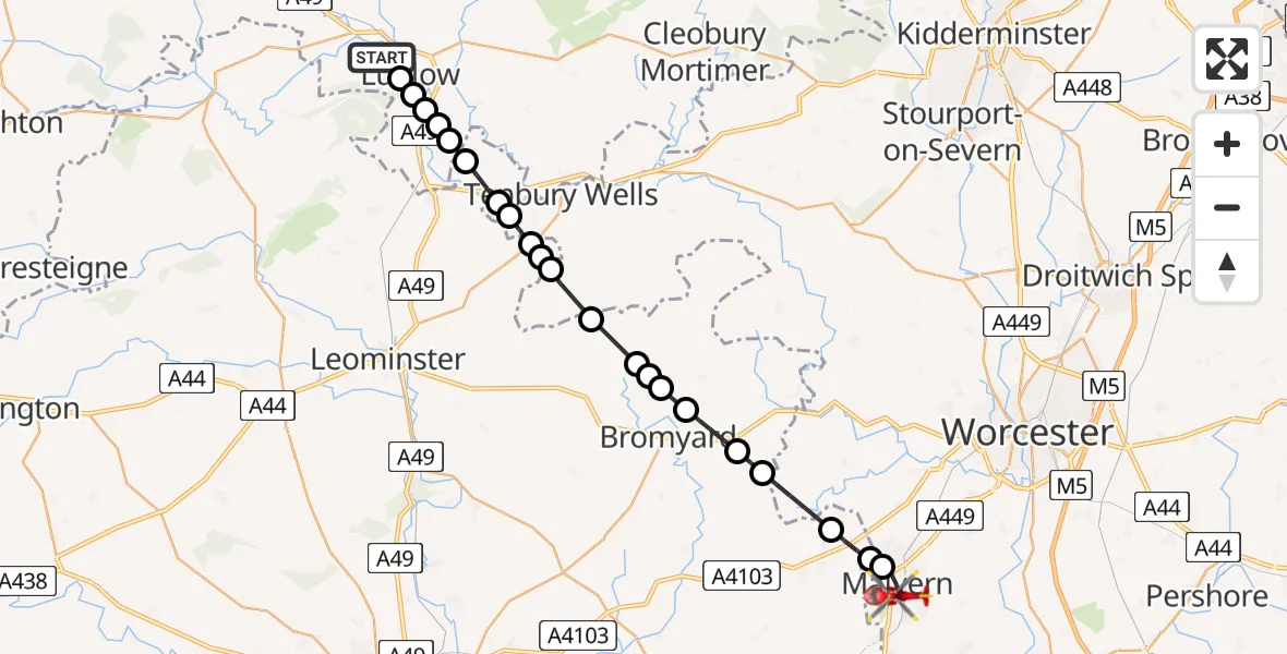 Flight route Air Ambulance Helicopter Bromfield - Malvern, 11 July 2026, 13:50