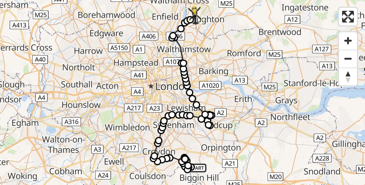 Flight route Police Helicopter Bromley - Metropolitan Police Air Support Unit Lippitts Hill, 11 July 2026, 13:59