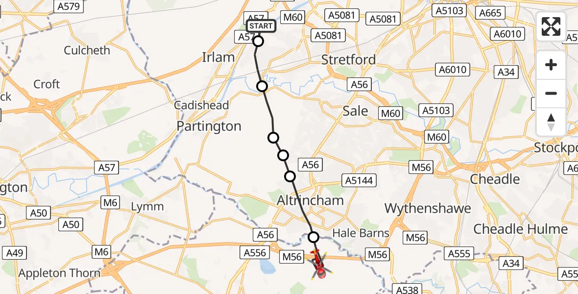 Flight route Air Ambulance Helicopter Irlam - Ashley, 11 July 2026, 14:02
