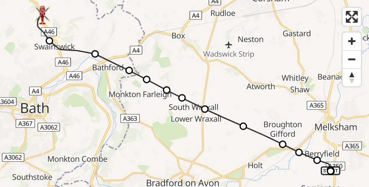 Flight route Air Ambulance Helicopter Wiltshire Air Ambulance - Swainswick, 11 July 2026, 14:16