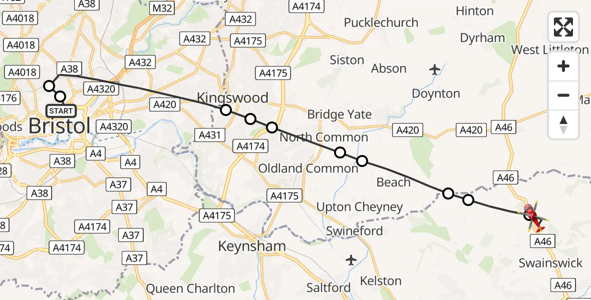 Flight route Air Ambulance Helicopter Bristol Royal Infirmary - Swainswick, 11 July 2026, 14:17