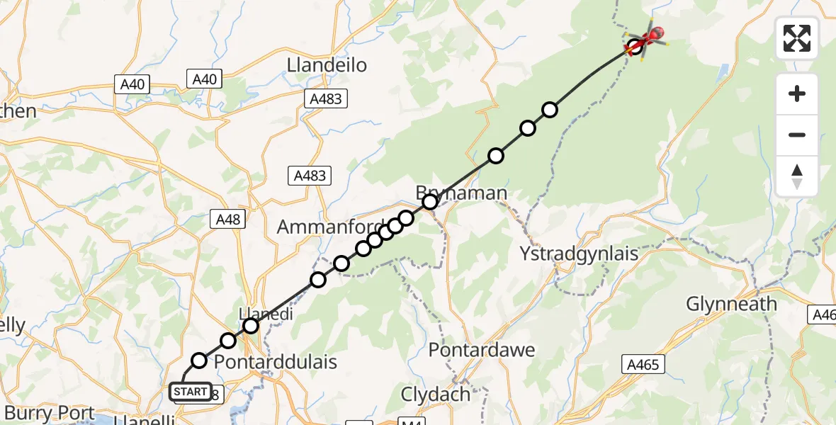 Flight route Air Ambulance Helicopter Dafen - Llywel, 11 July 2026, 14:17