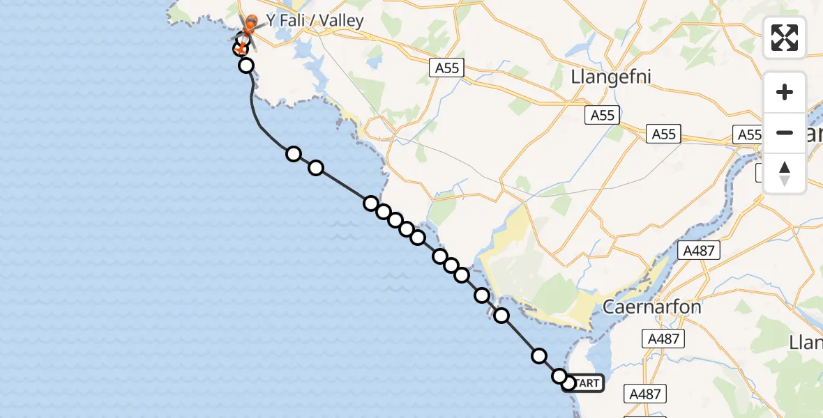 Flight route Coastguard Helicopter Caernarfon Airport - Trearddur, 11 July 2026, 14:20