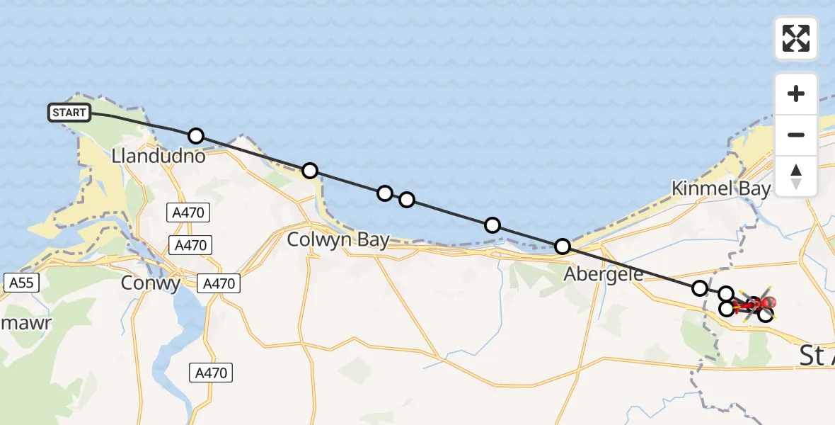Flight route Air Ambulance Helicopter Llandudno - St Asaph, 11 July 2026, 14:29
