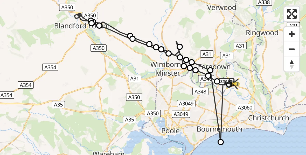 Flight route Police Helicopter Parley Cross - Bournemouth Airport, 11 July 2026, 14:30