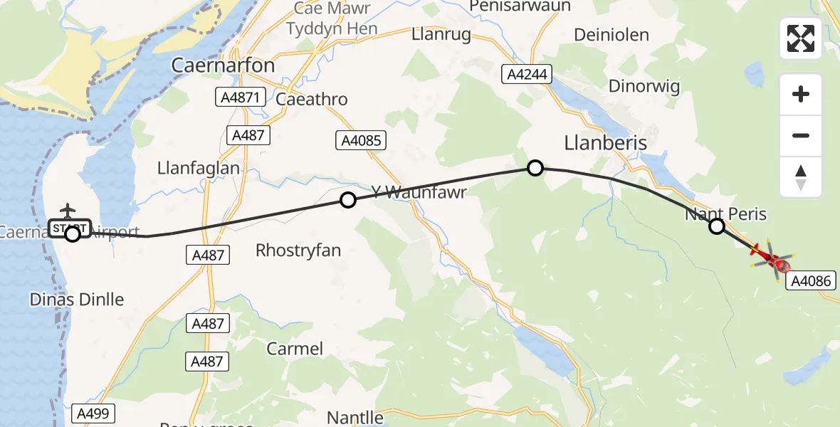 Flight route Air Ambulance Helicopter Caernarfon Airport - Nant Peris, 11 July 2026, 14:34