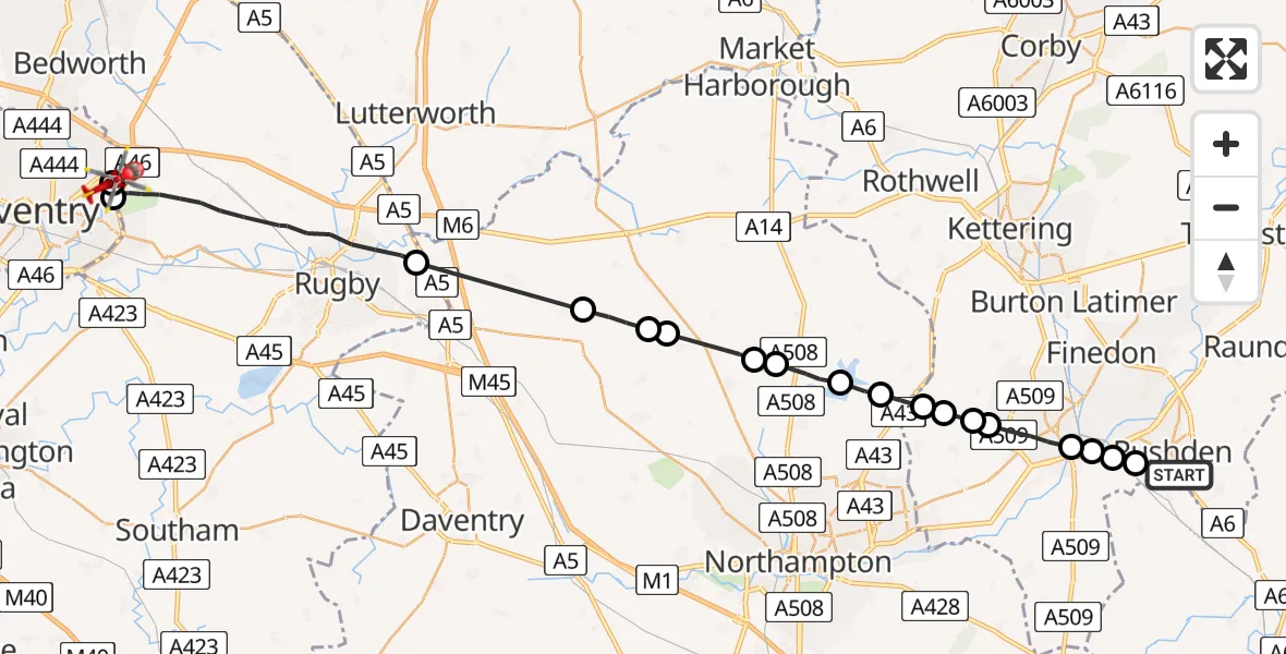 Flight route Air Ambulance Helicopter Rushden - University Hospital Coventry, 11 July 2026, 14:39