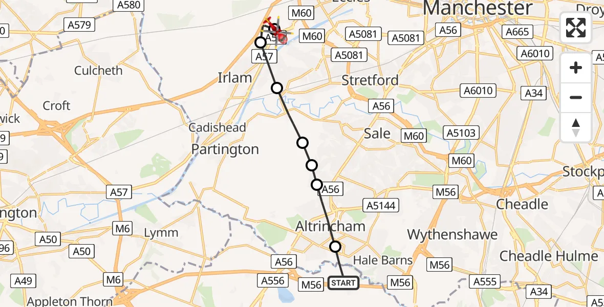 Flight route Air Ambulance Helicopter Ashley - Manchester Barton Aerodrome, 11 July 2026, 14:41