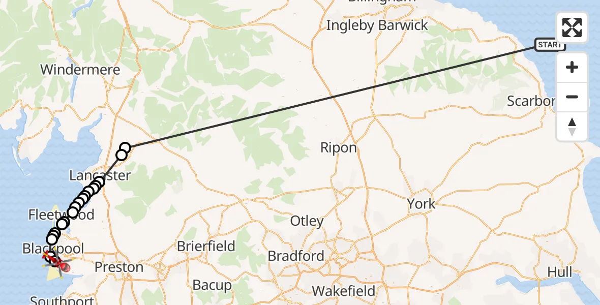 Flight route Air Ambulance Helicopter North Sea - Blackpool Airport, 11 July 2026, 14:43