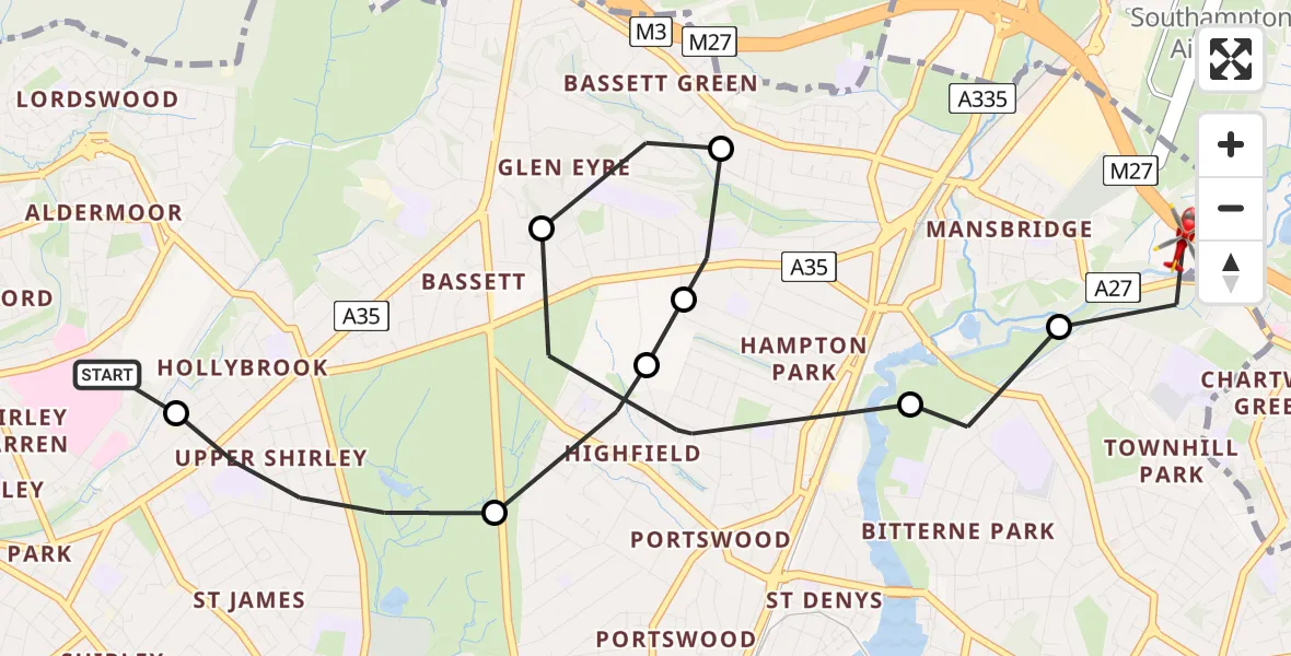 Flight route Air Ambulance Helicopter University Hospital Southampton - Mansbridge, 11 July 2026, 14:48