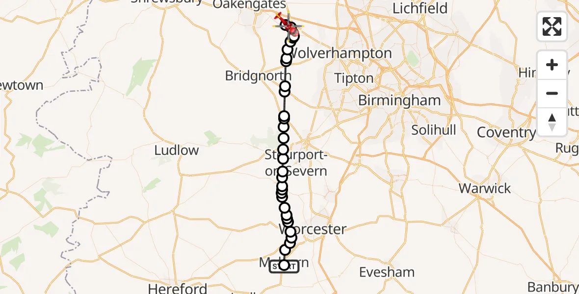 Flight route Air Ambulance Helicopter Malvern - Cosford, 11 July 2026, 14:54