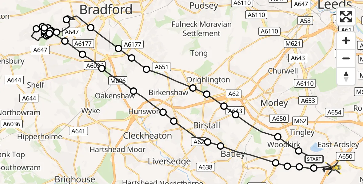 Flight route Police Helicopter East Ardsley - East Ardsley, 11 July 2026, 14:59