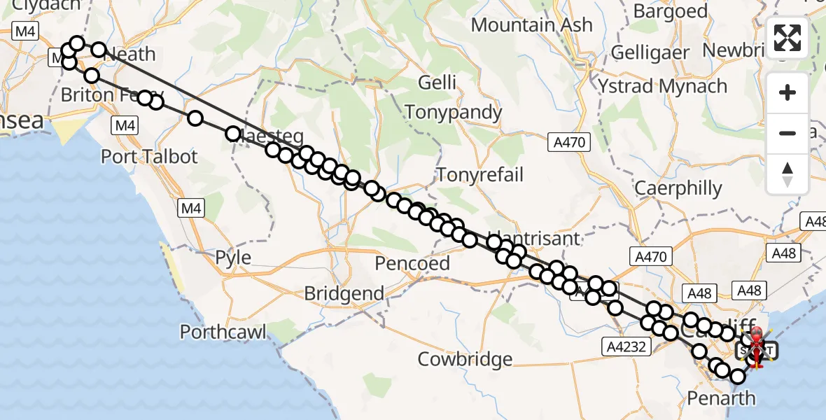 Flight route Air Ambulance Helicopter Cardiff Heliport - Cardiff Heliport, 11 July 2026, 15:13
