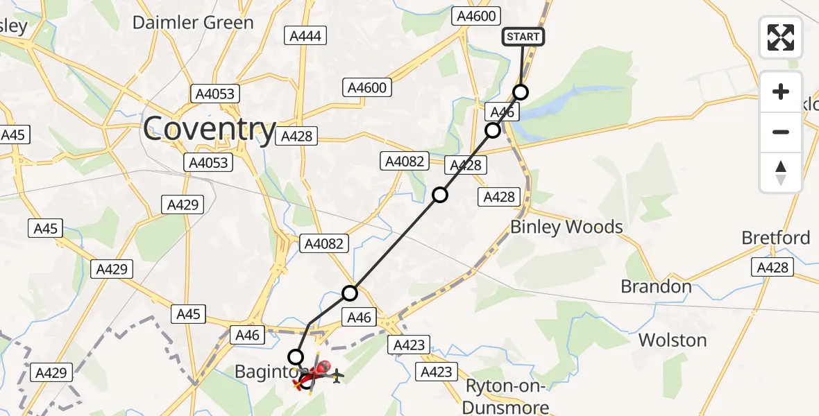 Flight route Air Ambulance Helicopter University Hospital Coventry - Coventry Airport, 11 July 2026, 15:23