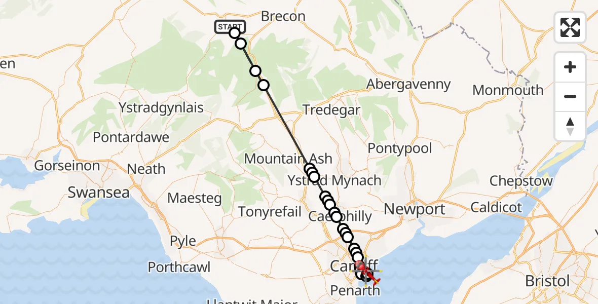 Flight route Air Ambulance Helicopter Defynnog - Cardiff Heliport, 11 July 2026, 15:25