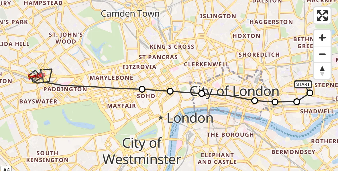 Flight route Air Ambulance Helicopter Royal London Hospital - City of Westminster, 11 July 2026, 15:37