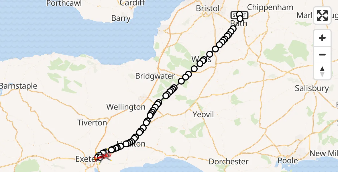 Flight route Air Ambulance Helicopter Charmy Down Airstrip - Exeter International Airport, 11 July 2026, 15:40