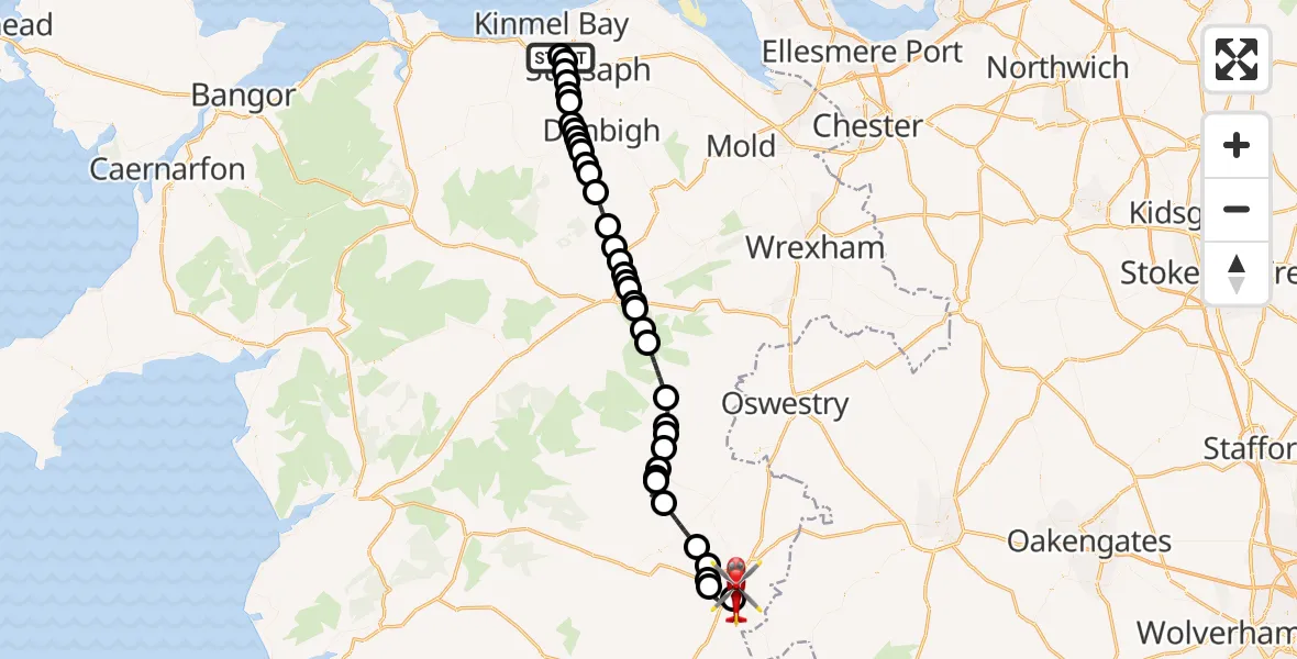 Flight route Air Ambulance Helicopter Ysbyty Glan Clywd Hospital Heliport - Welshpool Airport, 11 July 2026, 15:42