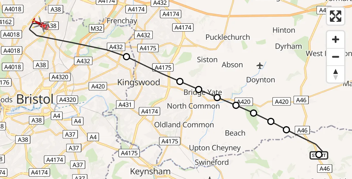 Flight route Air Ambulance Helicopter Charmy Down Airstrip - Bristol, 11 July 2026, 15:46