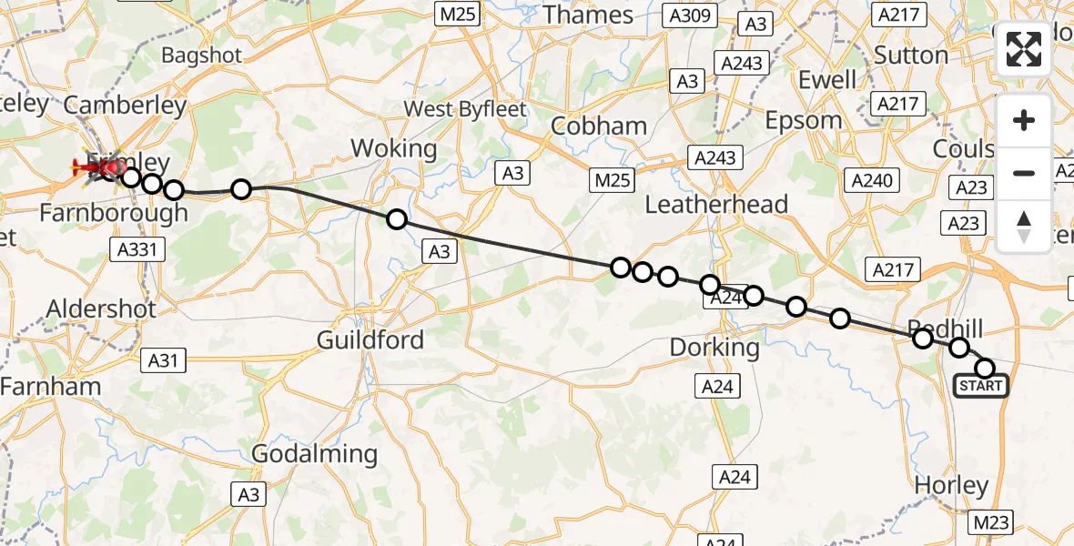Flight route Air Ambulance Helicopter Redhill Aerodrome - Farnborough, 11 July 2026, 15:48