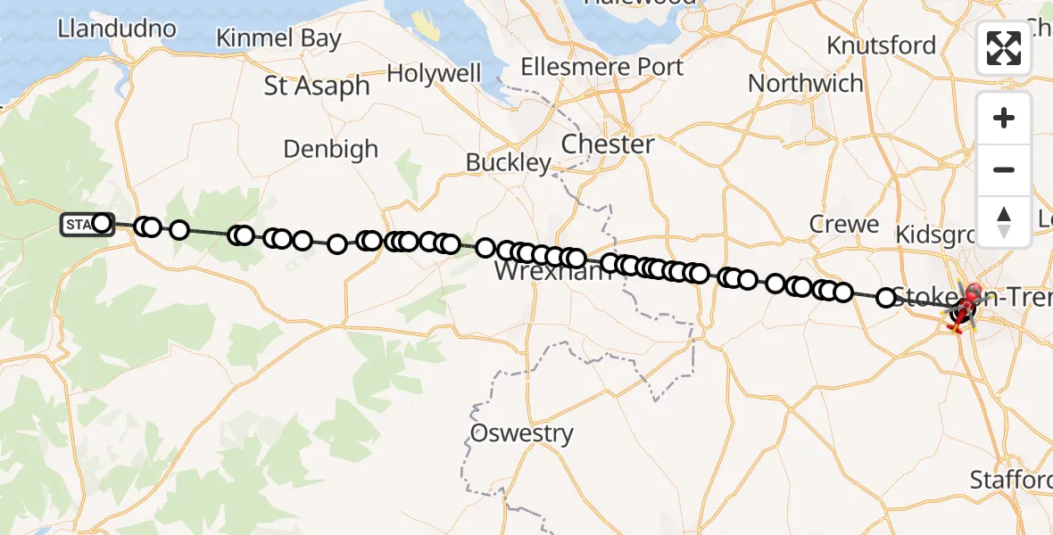 Flight route Air Ambulance Helicopter Pont Cyfyng - Newcastle-under-Lyme, 11 July 2026, 15:51