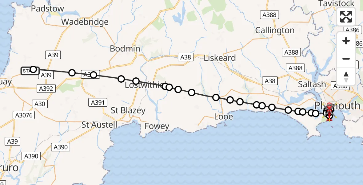 Flight route Air Ambulance Helicopter Cornwall Airport Newquay - Stonehouse, 11 July 2026, 15:51