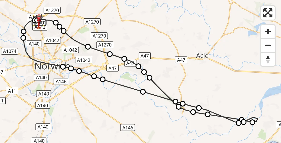 Flight route Air Ambulance Helicopter Norwich Airport - Norwich Airport, 11 July 2026, 16:00