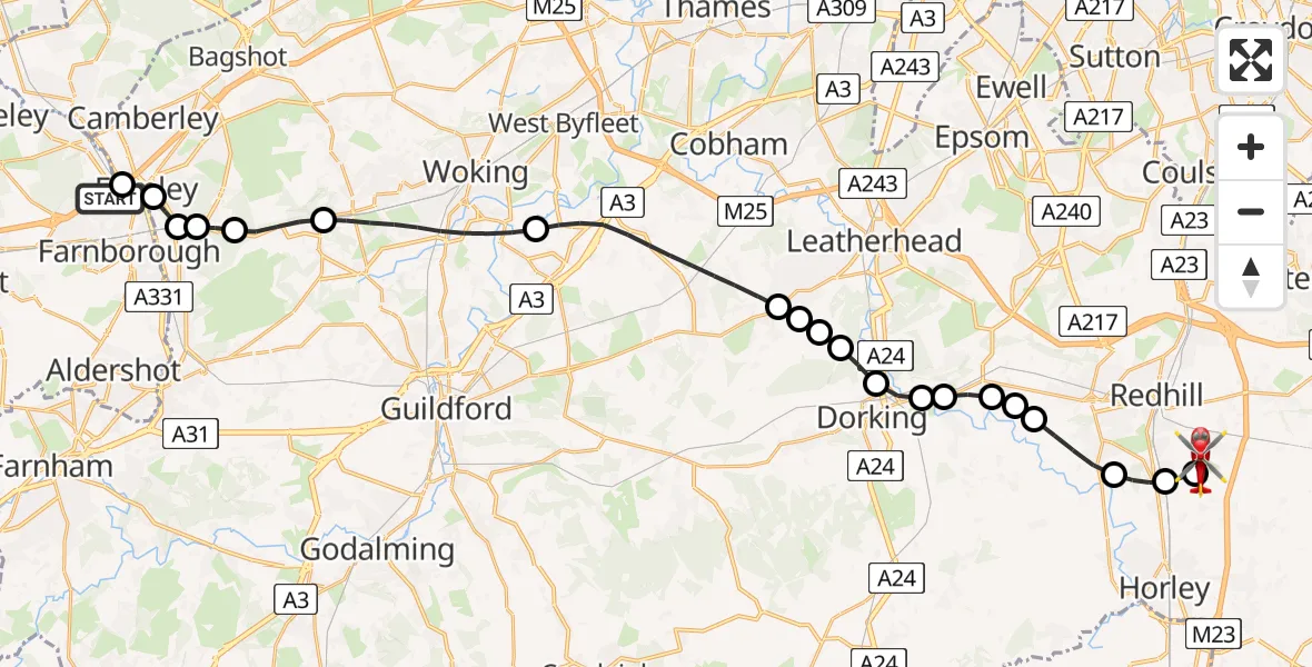 Flight route Air Ambulance Helicopter Farnborough - Redhill Aerodrome, 11 July 2026, 16:06