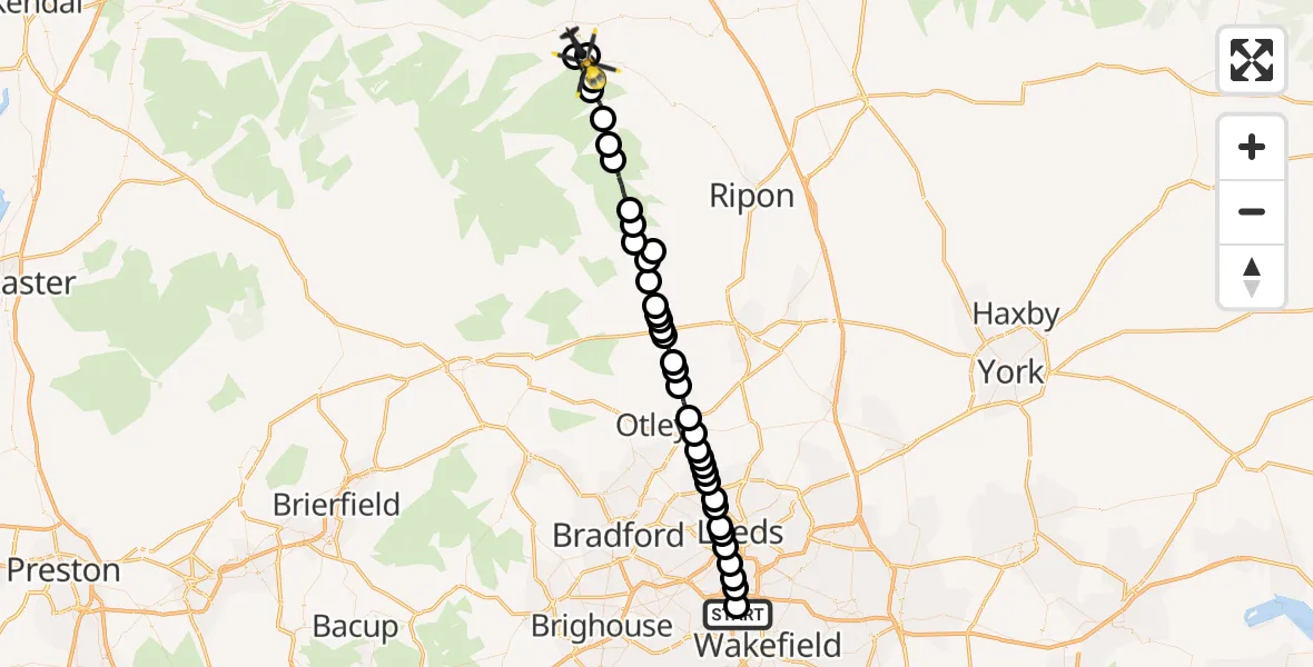 Flight route Police Helicopter East Ardsley - East Witton, 11 July 2026, 16:08