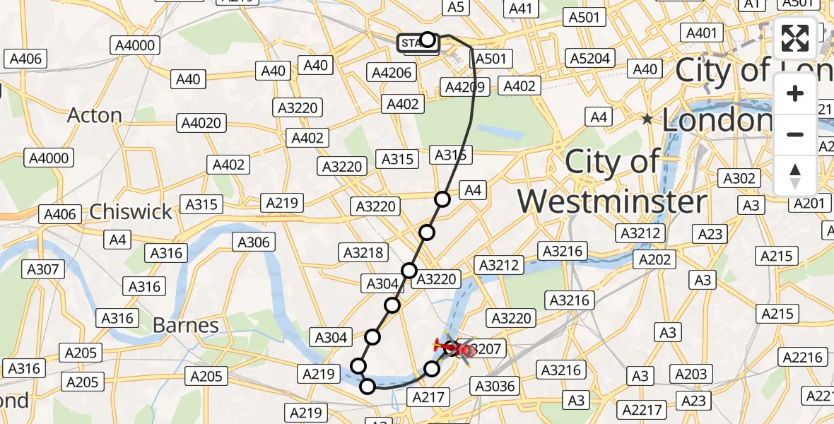 Flight route Air Ambulance Helicopter City of Westminster - London Heliport, 11 July 2026, 16:10