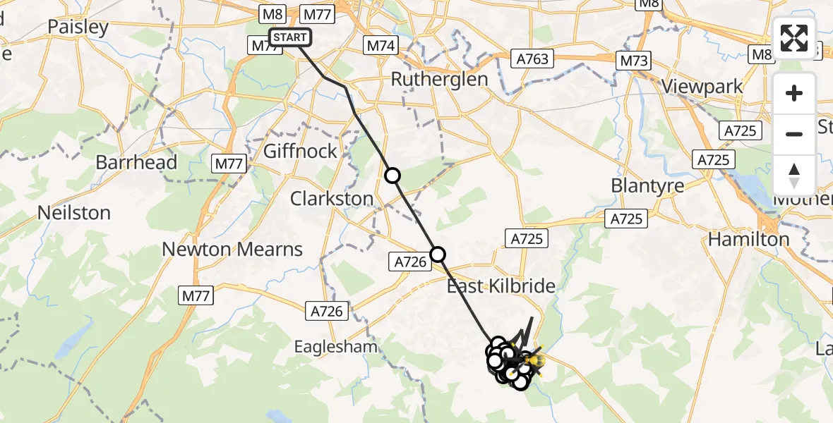 Flight route Police Helicopter Glasgow - East Kilbride, 11 July 2026, 16:23