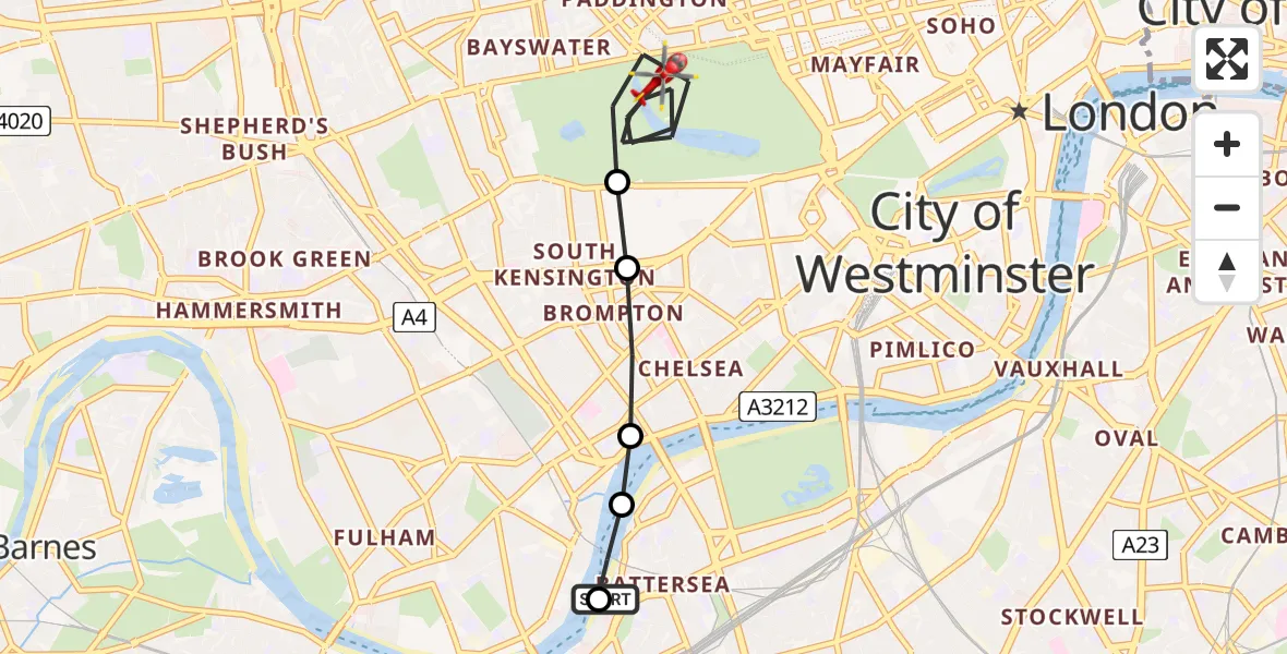 Flight route Air Ambulance Helicopter London Heliport - City of Westminster, 11 July 2026, 16:30