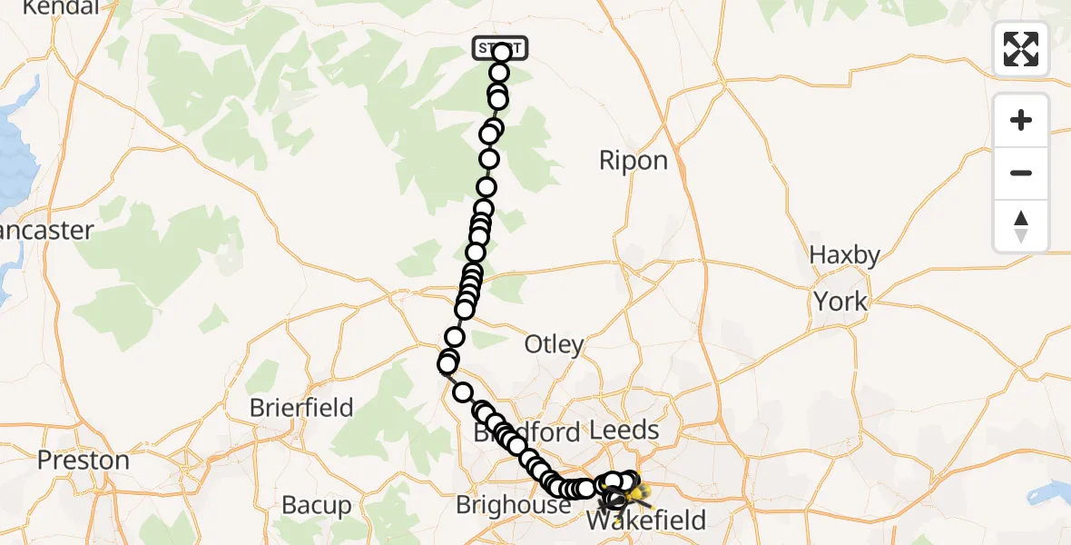 Flight route Police Helicopter Middleham - East Ardsley, 11 July 2026, 16:37