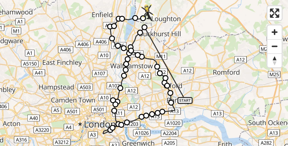 Flight route Police Helicopter Thames View - Sewardstonebury, 11 July 2026, 16:40