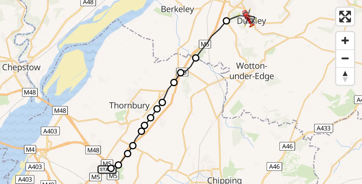 Flight route Air Ambulance Helicopter Almondsbury Helicopter Base - Dursley, 11 July 2026, 16:42