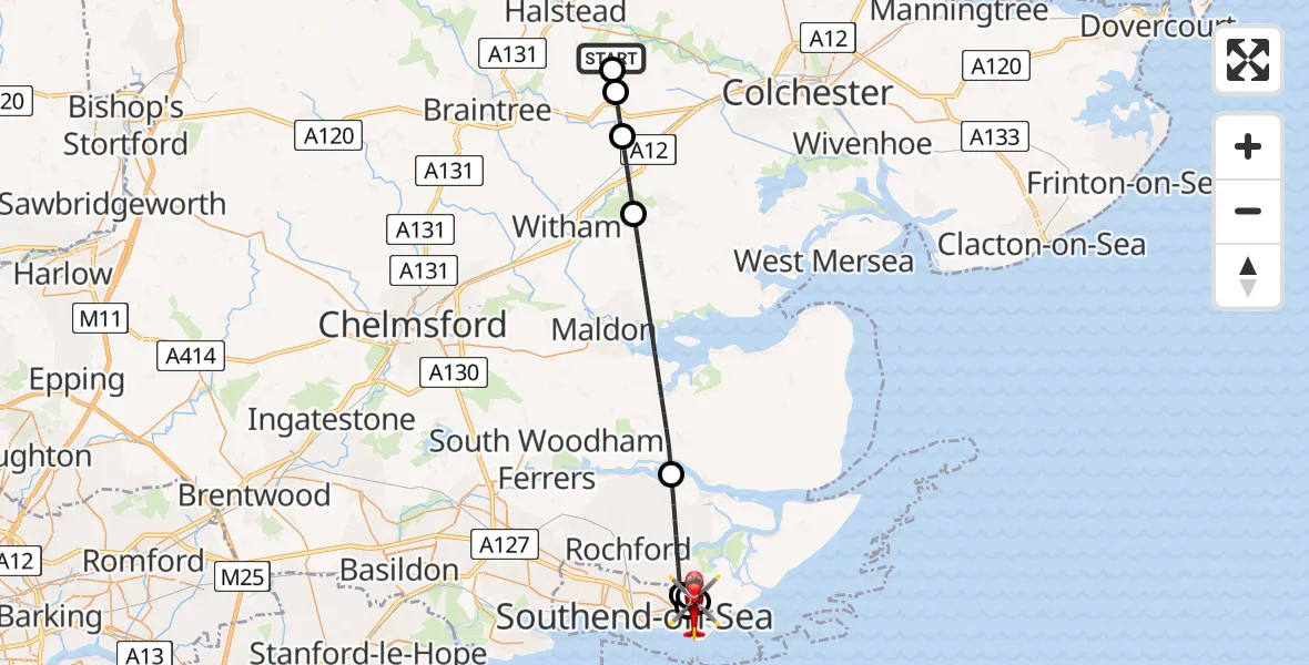 Flight route Air Ambulance Helicopter Earls Colne Airfield - Shoeburyness, 11 July 2026, 16:46