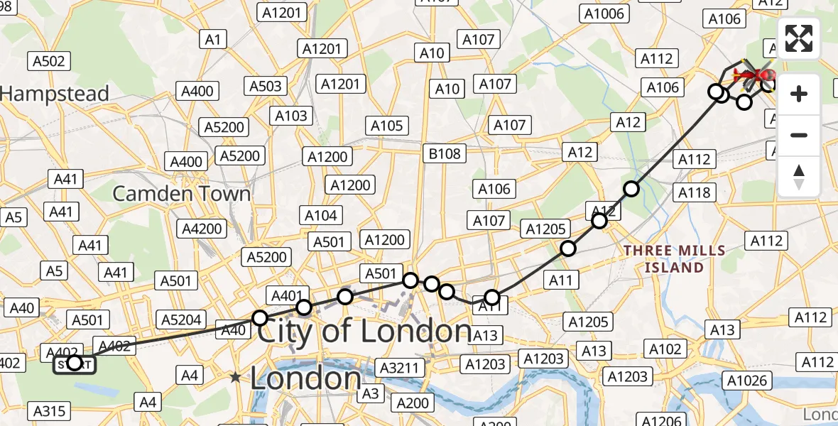 Flight route Air Ambulance Helicopter City of Westminster - Leytonstone, 11 July 2026, 16:57