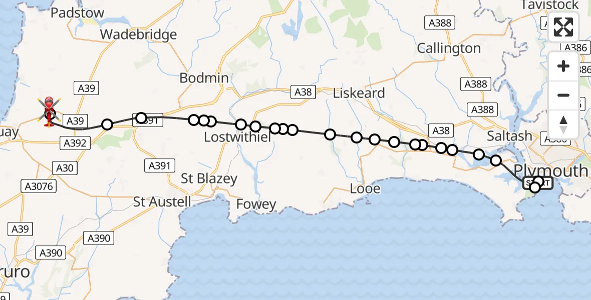 Flight route Air Ambulance Helicopter Stonehouse - Cornwall Airport Newquay, 11 July 2026, 16:59