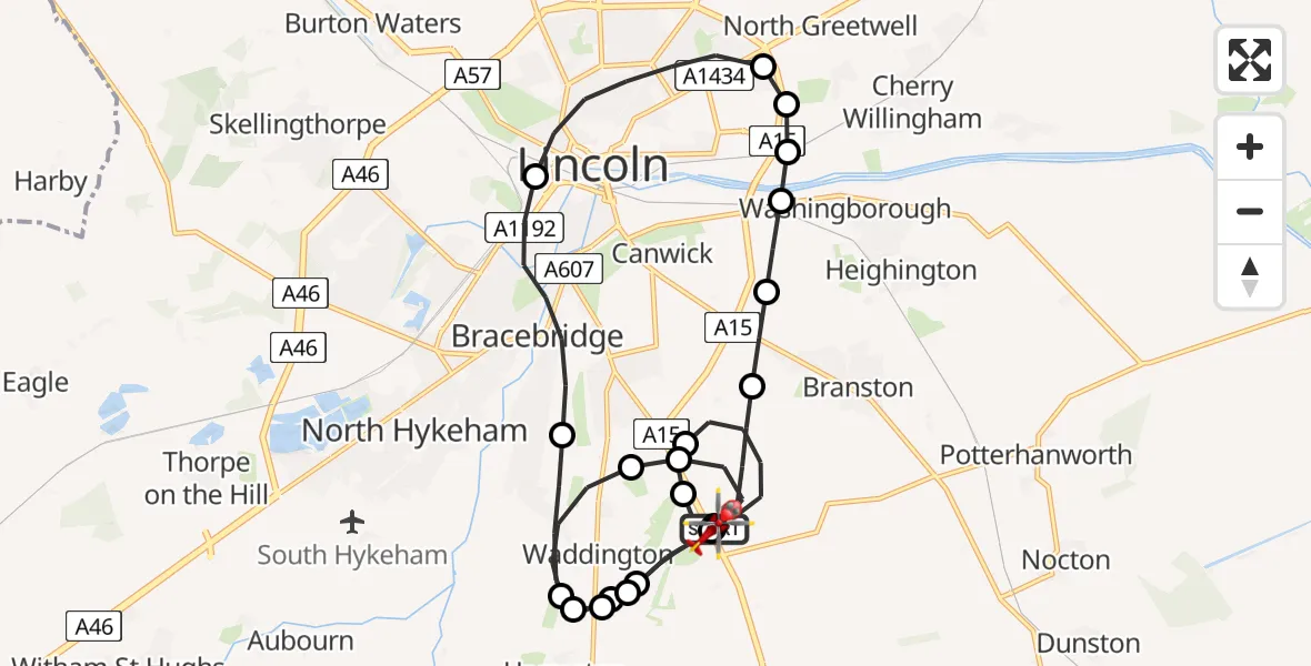 Flight route Air Ambulance Helicopter RAF Waddington - North Kesteven, 11 July 2026, 17:01