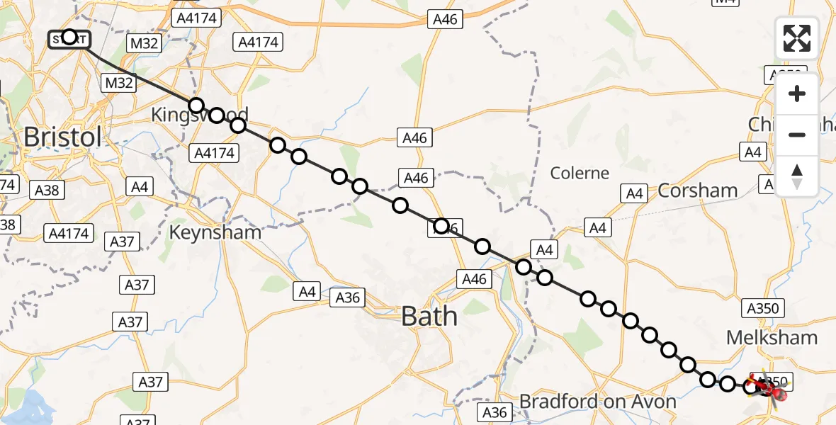 Flight route Air Ambulance Helicopter Southmead Hospital - Wiltshire Air Ambulance, 11 July 2026, 17:05