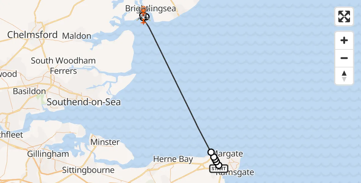 Flight route Coastguard Helicopter Manston Airport - East Mersea, 11 July 2026, 17:08