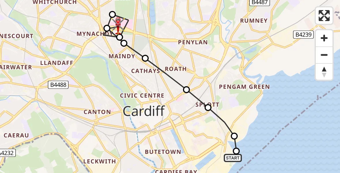 Flight route Air Ambulance Helicopter Cardiff Heliport - Gabalfa, 11 July 2026, 17:09
