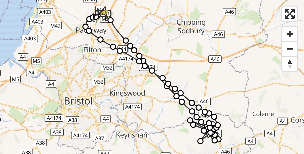 Flight route Police Helicopter Woodlands - Almondsbury Helicopter Base, 11 July 2026, 17:10